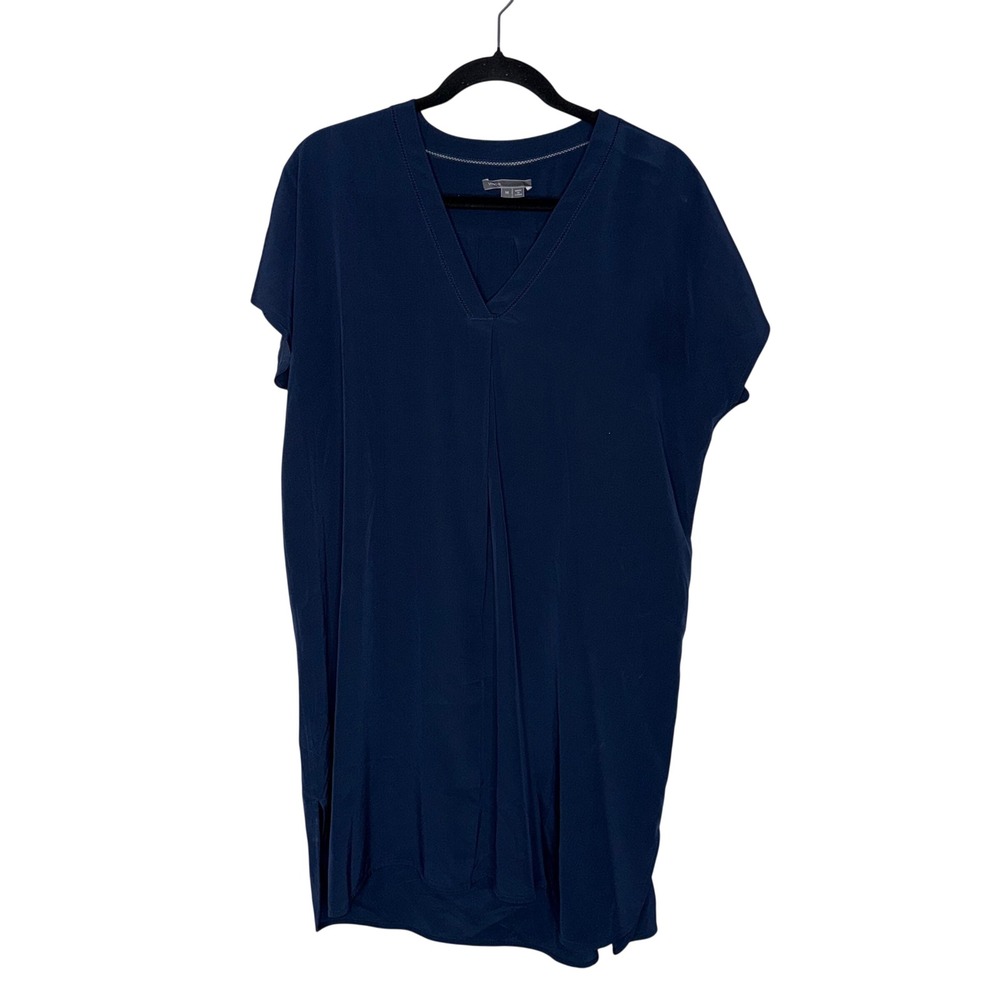 Vince Silk Shift Dress Womens Medium Navy Blue Excellent V-Neck Short Sleeve